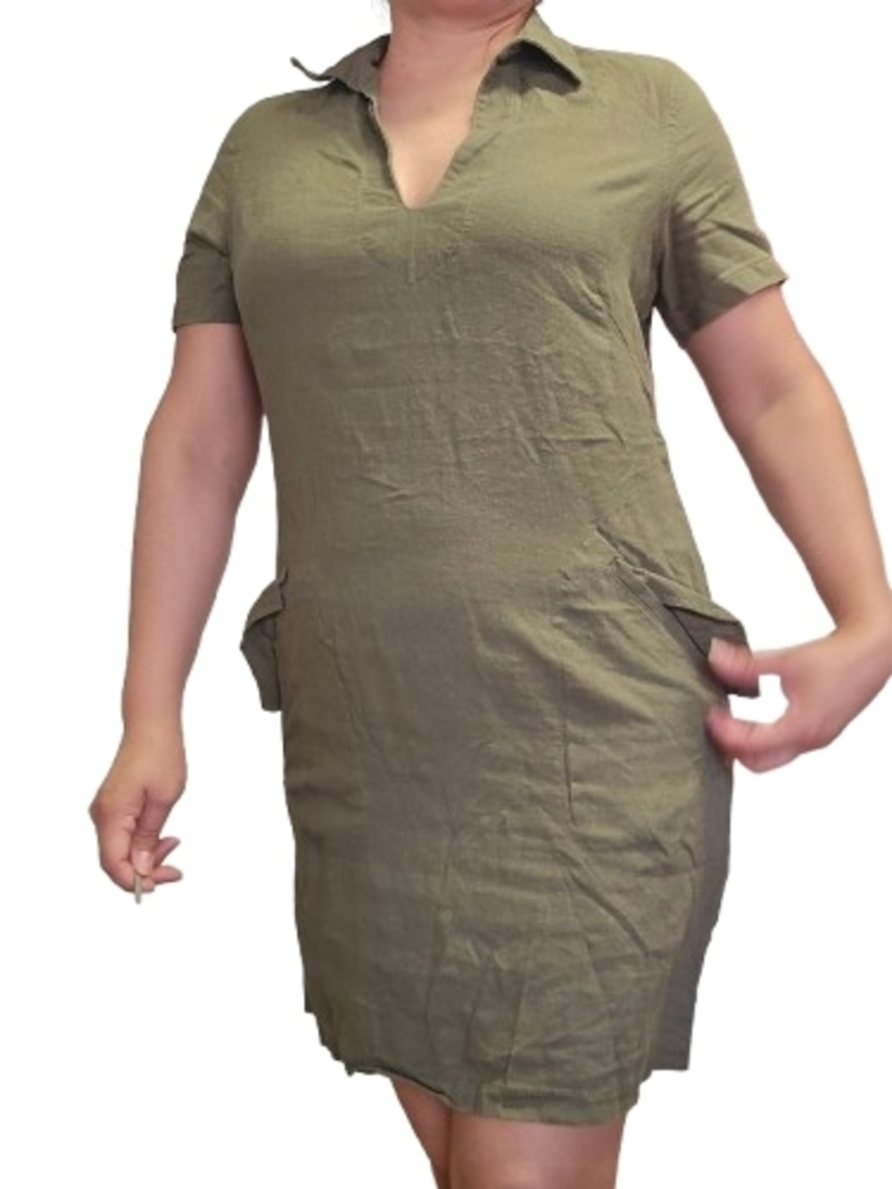 MAX Studio London Olive Green Short Sleeve Collared Shift Dress Size M